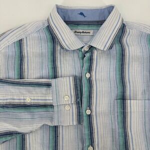 Tommy Bahama Mens Large Blue Green Striped Linen Sorona Long Sleeve Button Shirt
